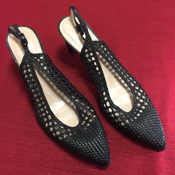 Stuart Weitzman Black Leather Woven Heels - Picture 1 of 6